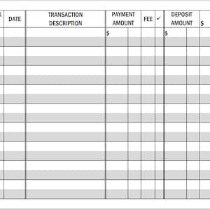 May include: A blank check register template with columns for check number, date, transaction description, payment amount, fee, and deposit amount. The template is designed for financial record-keeping.