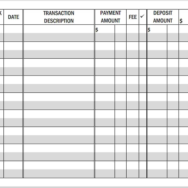 Printable LARGE PRINT Checkbook Register, PDF File, Prints Landscape on 8 1/2 x 11 inch paper