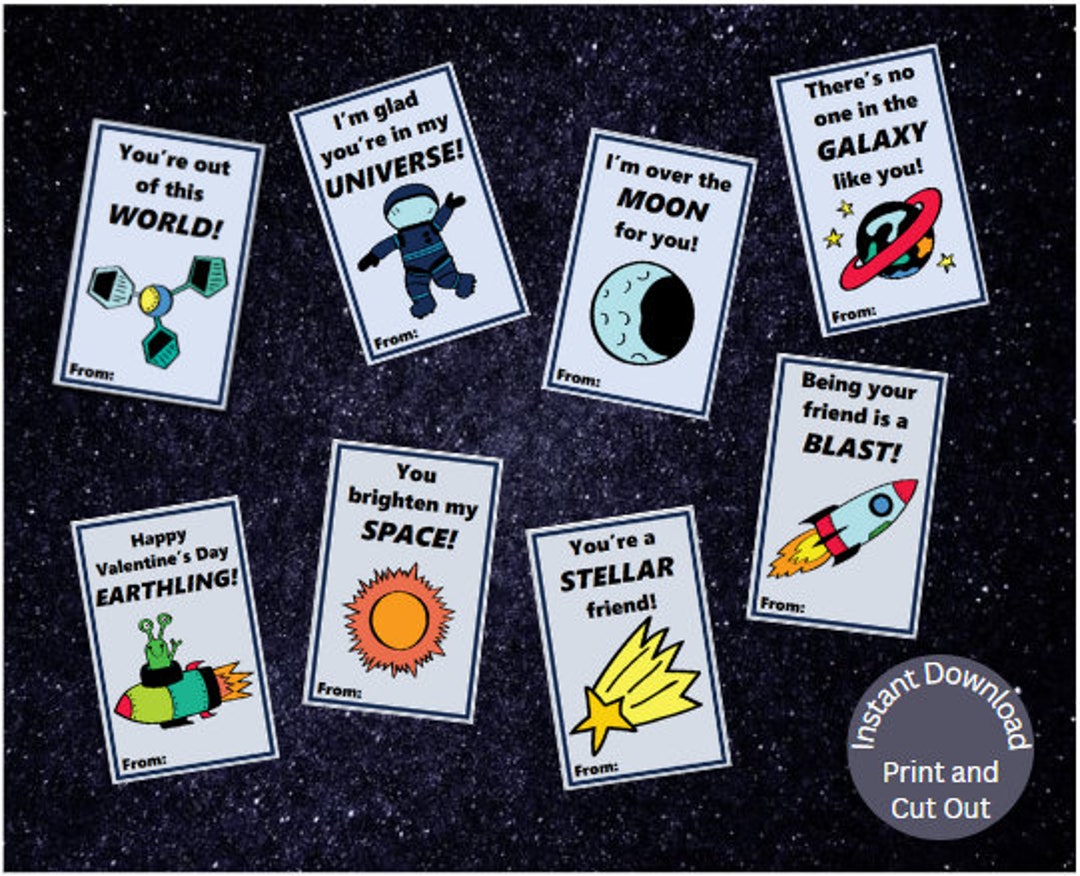 Printable Space Valentine's Day Cards - Outer Space Valentines - School ...