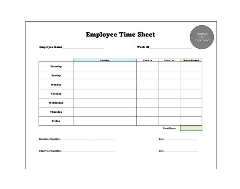 Work Hours Sheet.pdf Printable Employee Weekly Time Sheet: Small Business (PDF File) - Etsy
