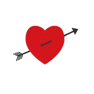 Puede incluir: Un corazón rojo con una flecha negra que lo atraviesa. La flecha apunta hacia la derecha.