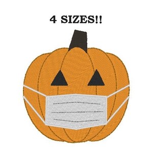 May include: An orange pumpkin with a black stem and a white face mask. The pumpkin has two black triangle eyes and a black mouth. The text "4 SIZES!!" is above the pumpkin.