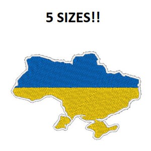 Puede incluir: Un contorno del país de Ucrania en forma de su mapa, relleno con los colores de la bandera ucraniana: azul y amarillo. El texto "5 SIZES!" está por encima del mapa.