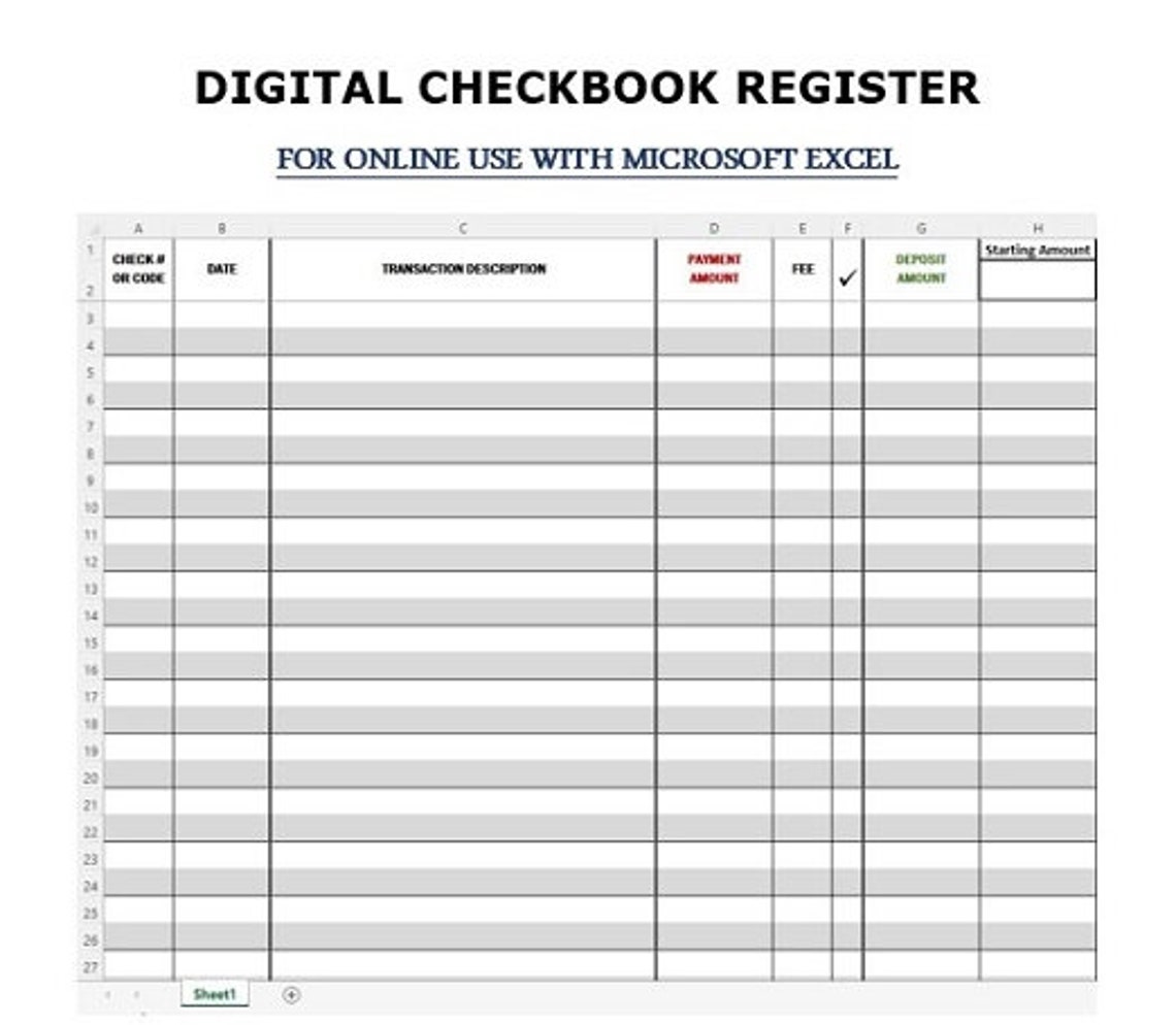 Digital Checkbook Register for Online Use With Excel Etsy
