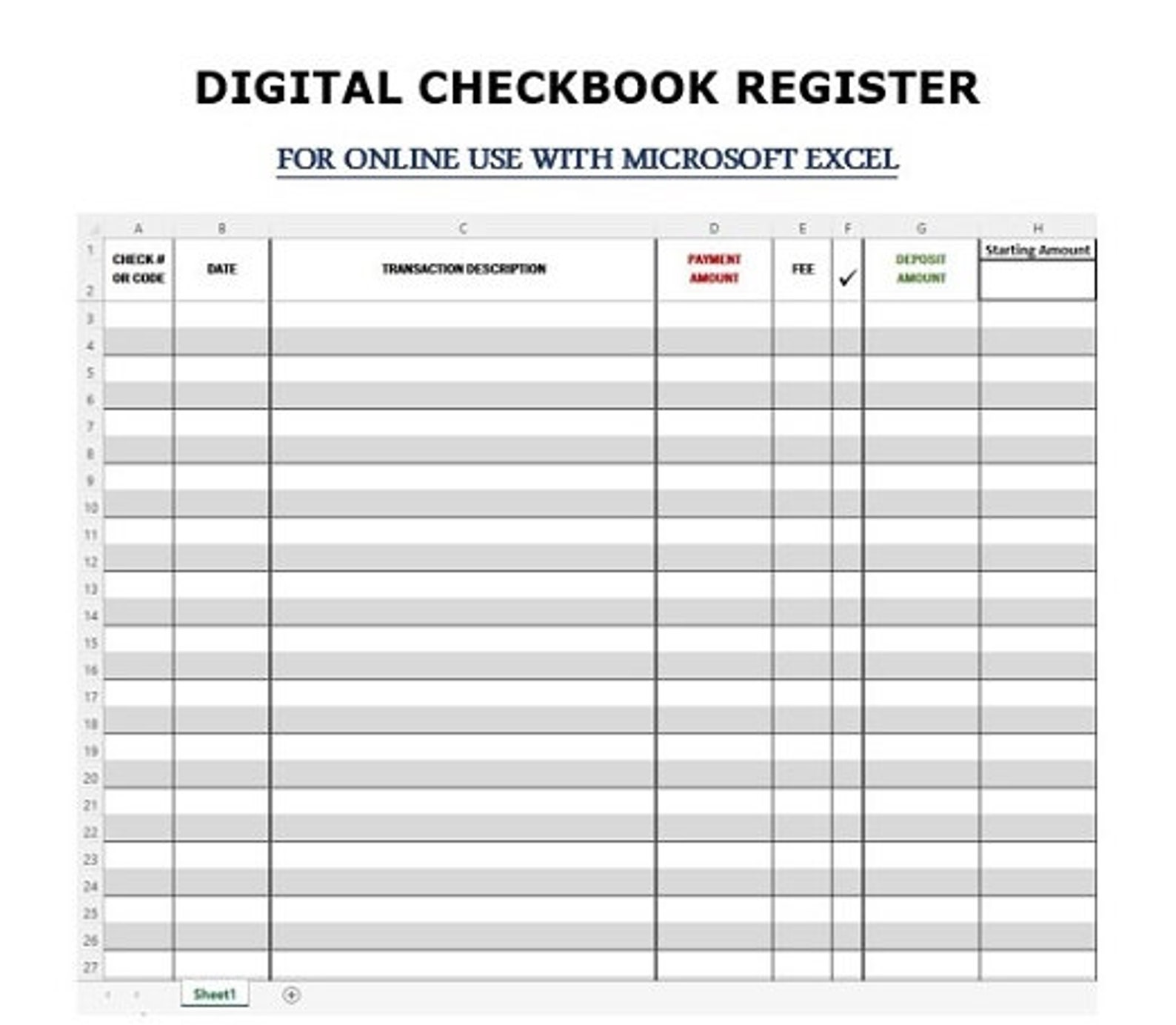 Digital Checkbook Register for Online Use With Excel Etsy
