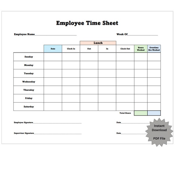 Printable Time Sheet, Employee Time Sheet Etsy