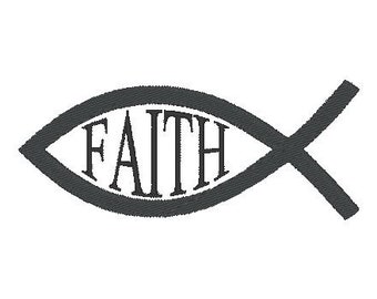 Puede incluir: Una imagen estilizada en blanco y negro de un pez con la palabra "FAITH" en su interior. El pez es un símbolo cristiano.