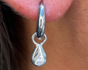 Teardrop Silver Charm Earrings | 925 Sterling Silver Dangle Earrings | Teardrop Huggie hoop Drop Earrings | Gift for her