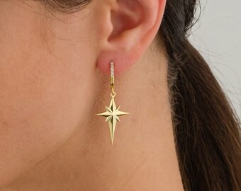 Boucles d'oreilles dorées étoile du Nord | Boucles d'oreilles étoiles en argent sterling plaqué or | Pendants d'oreilles étoiles | Créoles pendantes | Cadeau pour elle