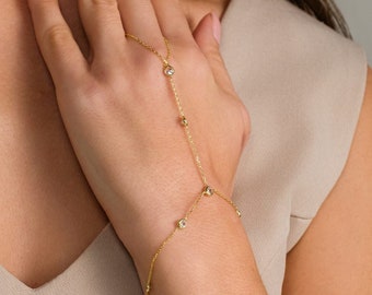 18K Gold Curb Chain Bracelet,Satelite Gemstone Bracelet,Wedding Bracelet Finger Chain