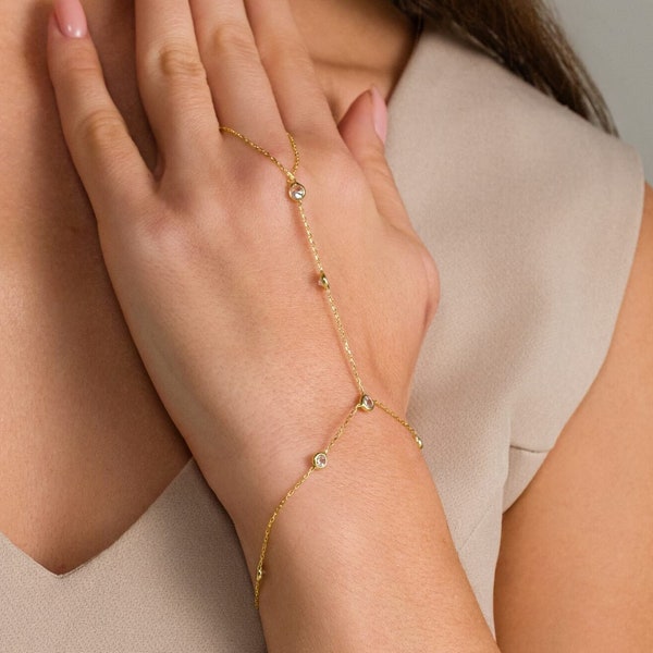 18K Gold Curb Chain Bracelet,Satelite Gemstone Bracelet,Wedding Bracelet Finger Chain