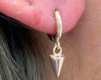 Small Spike Charm Earring | Minimalist Cone Pendant Huggie Hoop Earrings | Small Hoop Earring with Spike Charm | Sterling Silver Earrings