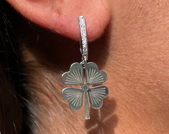 Four Leaf Clover Silver Earring | Cubic Zirconia Gemstone Earrings | 925 Sterling Silver Earrings | Gift for her