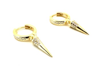 14 k Spike Gold Plated Huggie Hoop Earrings | Spike Charm Drop Gold Earrings | 925 Sterling Silver Spike Dangle Earrings | Gift for her