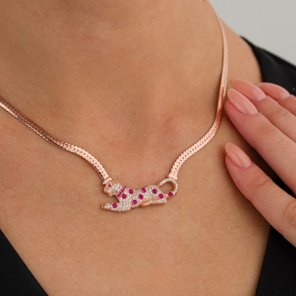Rose Gold Chain Panther & Leopard Charm Necklace | Cz Gemstone 925 Sterling Silver Panther Necklace | Gift for her