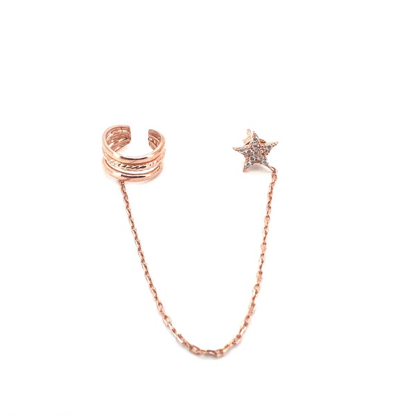 Rose Gold Ear Cuff And Chain With Star | Triple Lines With Single Chain Ear Cuff | Dainty Huggie Earrings | Dangling Earrings