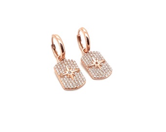 Pendants d'oreilles boussole en or rose | Pendants d'oreilles en or rose et zircone cubique | Boucles d'oreilles en argent sterling 925 | Cadeau pour elle