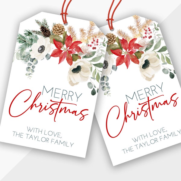 EDITABLE wording Beautiful Christmas tags, Merry Christmas floral elegant gift tags, easy to edit and printable, floral, greenery poinsettia