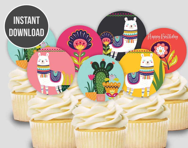 Llama Happy Birthday Cupcake Toppers Llama Happy Birthday Etsy
