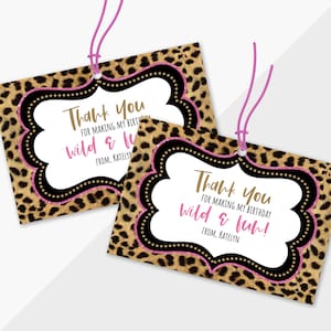 Etiquetas de agradecimiento con estampado de guepardo para cualquier ocasión, texto editable fácil, etiqueta de recuerdo de guepardo con brillantina rosa, linda y personalizada para fiesta de cumpleaños
