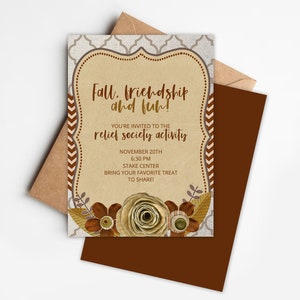 Fall Frienshipping Relief Society Activity, fall pumpking leaves editable theme invitation, young women activity invites