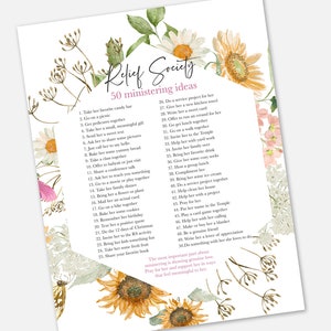 50 Ministering Ideas printable for relief society, relief society 50 ways to serve printable PDF file ministering sheet 8.5x11, ministering