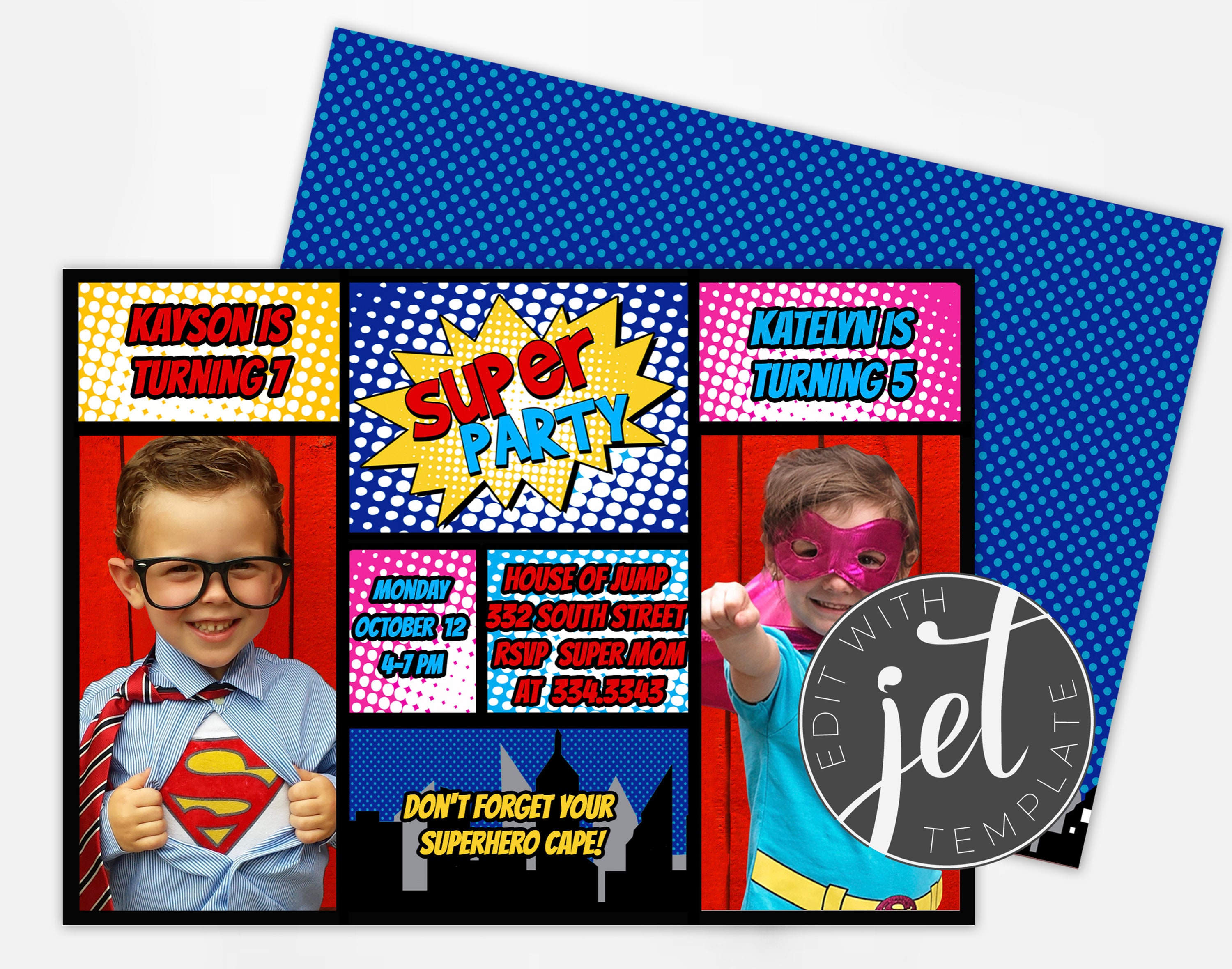 Superhero Double Party Invitation Easy Edit Wording and Etsy