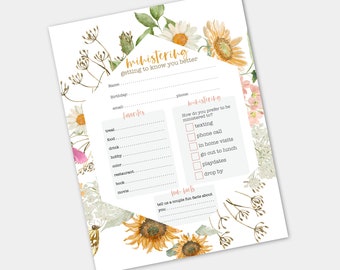 Wildflower Ministering questionnaire printable for Relief Society, Relief Society printables LDS, ministering sheet 8.5x11, get to know you