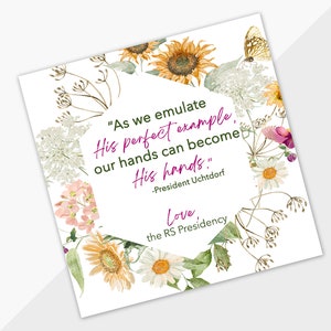 Sus Manos, etiquetas de ministración para obsequios, actividades o folletos de la Sociedad de Socorro, descarga instantánea. Etiqueta de ministración floral "SUS MANOS" de 7,6 cm x 7,6 cm.