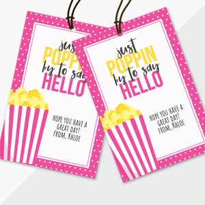 Just poppin in to say hi, popcorn editable cute tags, modern simplistic popcorn gift tags, ministering or friendship popcorn theme tags pink