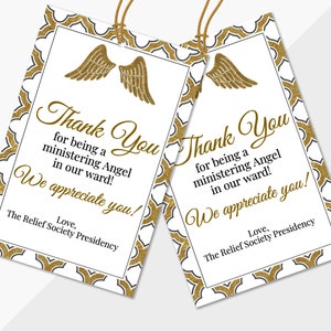 Editable tags or print as shown instant download Ministering Angel tags, Editable easy to print and edit, gold white angel wing tags