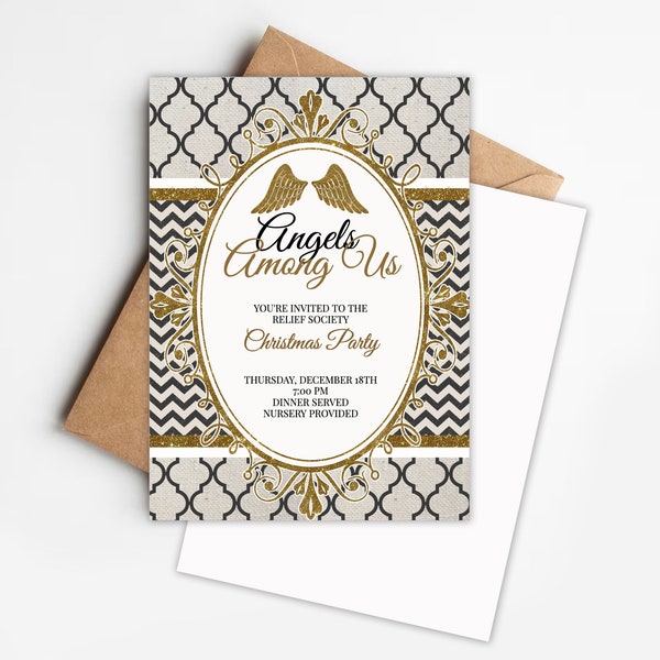 Angels Among Us Relief Society invitation, SO easy to edit, Modern white gold black invitation for LDS activity, angel wings invitation