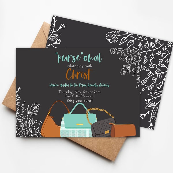 Purse activity invitation, EASY to edit, your personal journey in relief society or young womens theme cute modern invitations