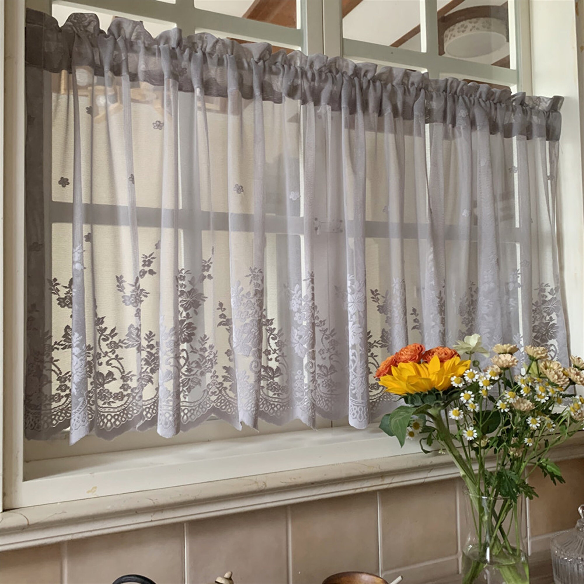 Swag & tiers Set Air-brushed By Hand of DAISY & BUTTERFLY Design on THICK SATIN FABRIC GOHD Cafe Curtain DAISY SWING 3pcs Kitchen Curtain 
