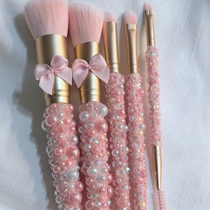 Handmade Bedazzled Pink Pearl Pastel Bow  Makeup Brush Set or Individual : Coquette Kawaii Kabuki Brush