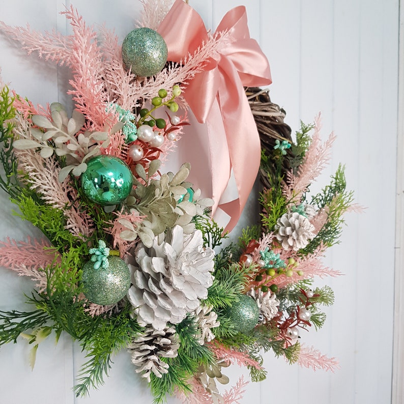 Pink And Mint Unique Christmas Wreath Woven From Tree Branches On The Il 794xN.4281142737 N2g7
