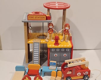 Wooden Dollhouse Fire Station Playset and Accessories Set