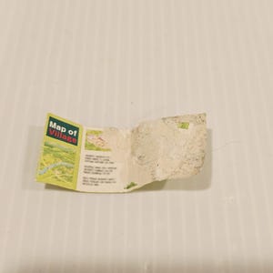 May include: A small, folded map labeled "Map of Village" with a green, yellow, and white landscape illustration. The map is creased and worn, with visible text and a detailed drawing of a village.