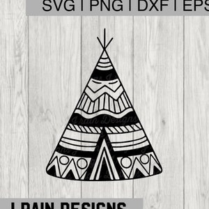 May include: Black and white teepee design with geometric patterns. The image includes the text "SVG | PNG | DXF | EPS" at the top and "J RAIN DESIGNS" at the bottom. The teepee is a vector graphic, suitable for various digital projects.