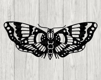 May include: Black and white silhouette of a moth with intricate wing patterns. The moth is in a classic tattoo style.