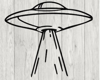 May include: Black and white line art illustration of a UFO with a beam of light shining down from the bottom.