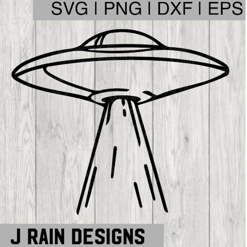 May include: Black and white line art illustration of a UFO with a beam of light shining down from the bottom.