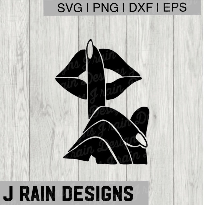 May include: Black and white silhouette of a hand with a finger over its lips, and a pair of lips with a heart shape. The text "J Rain Designs" is below the image.