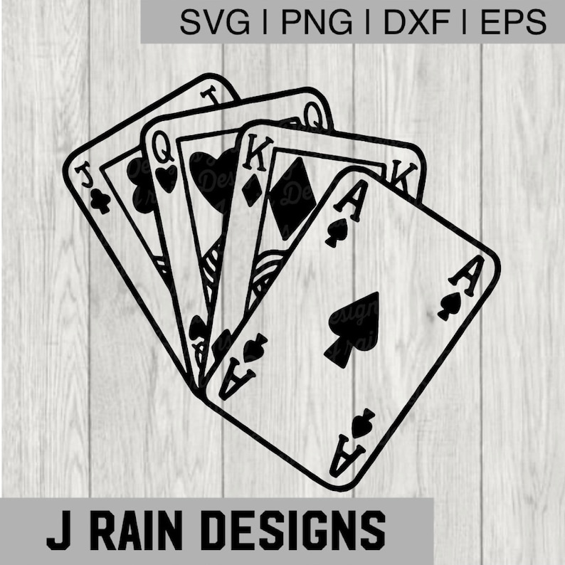 May include: Black and white illustration of five playing cards, including the Jack of Clubs, Queen of Hearts, King of Diamonds, Ace of Spades, and another Ace of Spades. The cards are arranged in a fan shape, with the Ace of Spades on top.