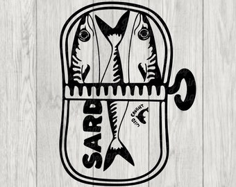 May include: Black and white illustration of a sardine can with two fish inside. The can says "SARD" and "CAUGHT WILD".