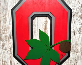 May include: A red and gray wooden cutout of the letter "O" with a black outline. A green leaf with a brown seed pod is attached to the cutout.