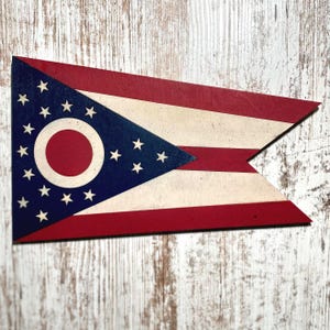 State of Ohio Distressed Wood Flag with Hanger on Back