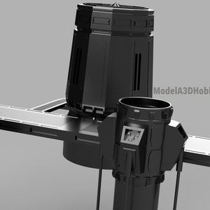 May include: A black, futuristic-looking structure with multiple cylindrical and rectangular components. The design features sharp angles and a complex arrangement, suggesting a technological or industrial theme. The text "ModelA3DHobby" is visible.