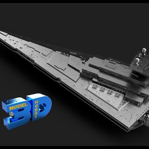 May include: A detailed 3D model of a Star Destroyer spaceship, a large, grey, and angular spacecraft with a long, pointed nose and a series of decks and turrets. The model is set against a black background and features the text "MODEL 3D HOBBY".