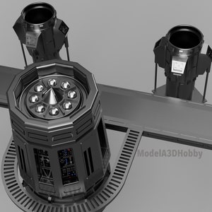 May include: A detailed, grayscale 3D model of a futuristic industrial machine. The design features multiple cylindrical components, a central octagonal structure with a conical center, and connecting platforms. The overall aesthetic suggests a sci-fi or technological theme.